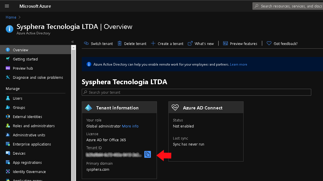 Figure 2 Overview Screen, highlighting Tenant ID