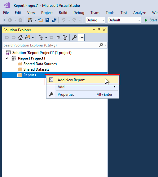 Figure 41 Solution Explorer Add New Report Option