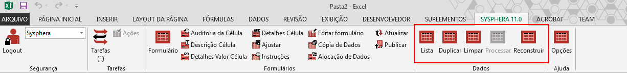 Figura 42 Área de Datos del Complemento T6 Planning Excel