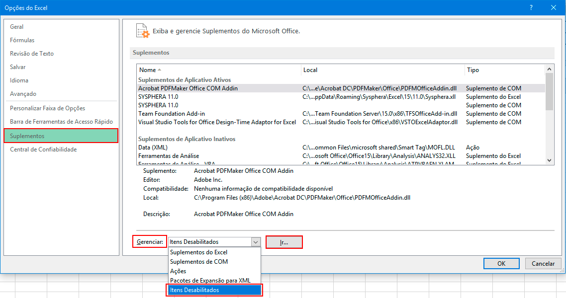 Figura 47 Opción Elementos Deshabilitados en Excel