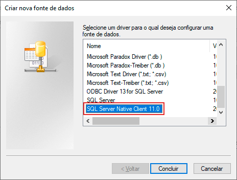 Figura 9: Controlador SQL Server Native Client 11.1