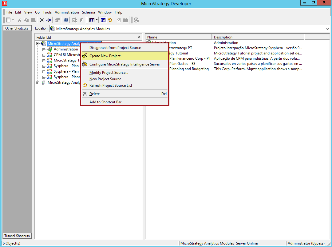 Figura 15: Crear Proyecto MicroStrategy