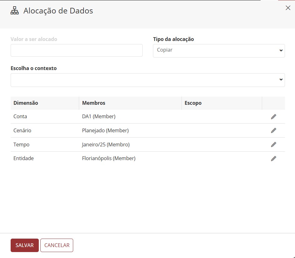 página de alocação do tipo copiar