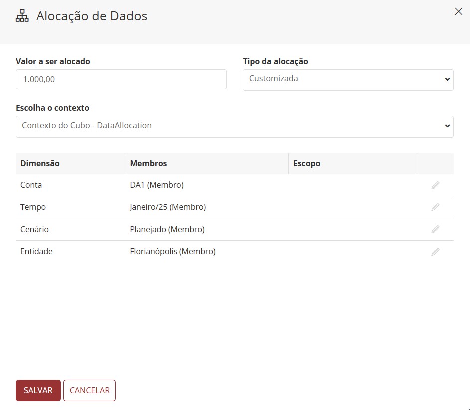 página de alocação customizada