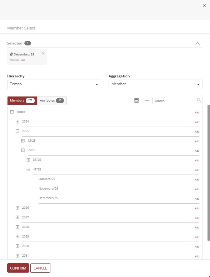 member and attribute selection panel