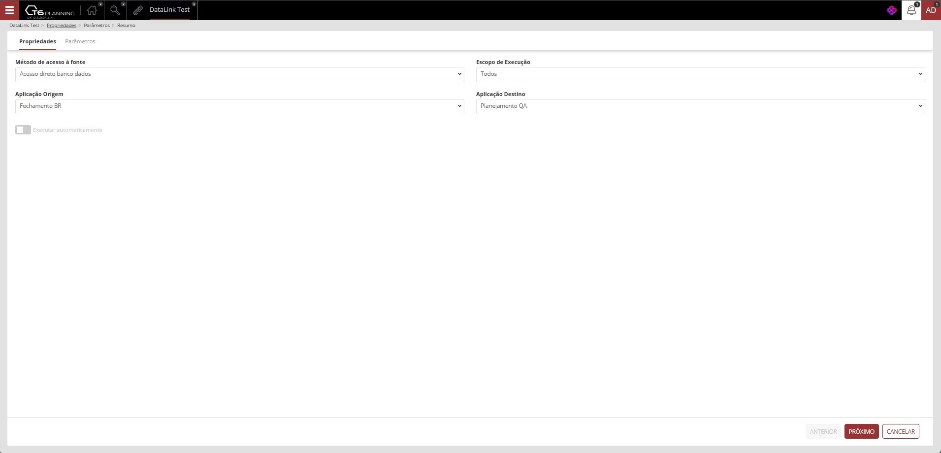 Tela de propriedades do Data Link