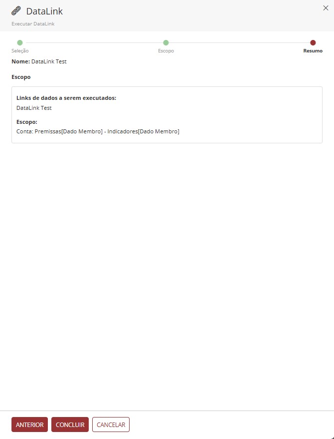 Tela de resumo do Data Link
