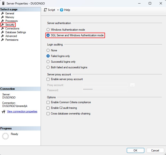 configuração de autenticação do SQL Server