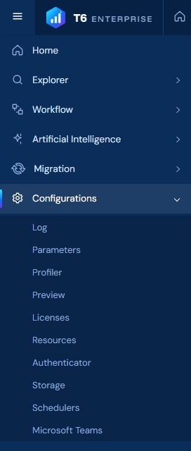 Main menu with the Configurations section expanded and the Microsoft Teams option