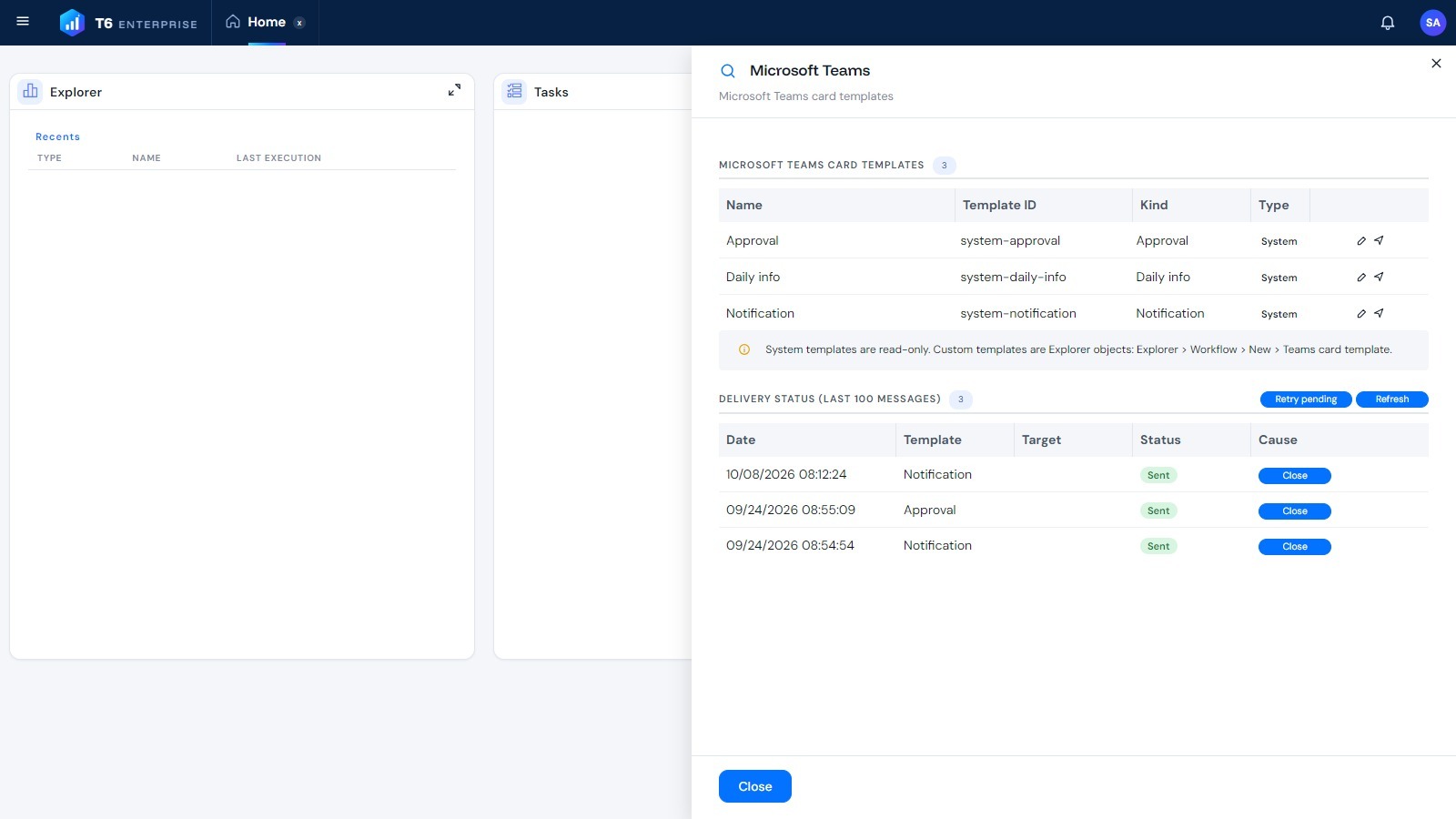 Microsoft Teams panel with the card template list and the delivery status