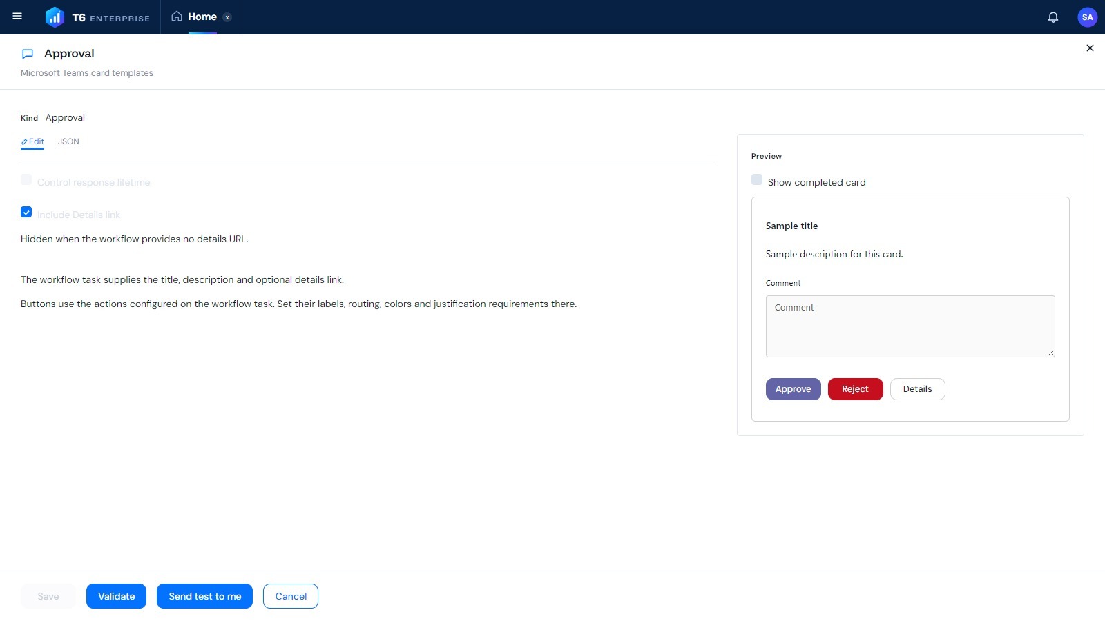 Approval template editor with the card preview and the Validate and Send test to me buttons