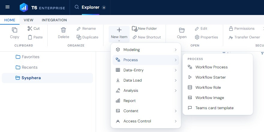 Explorer New Item menu with the Process category and the Teams card template option