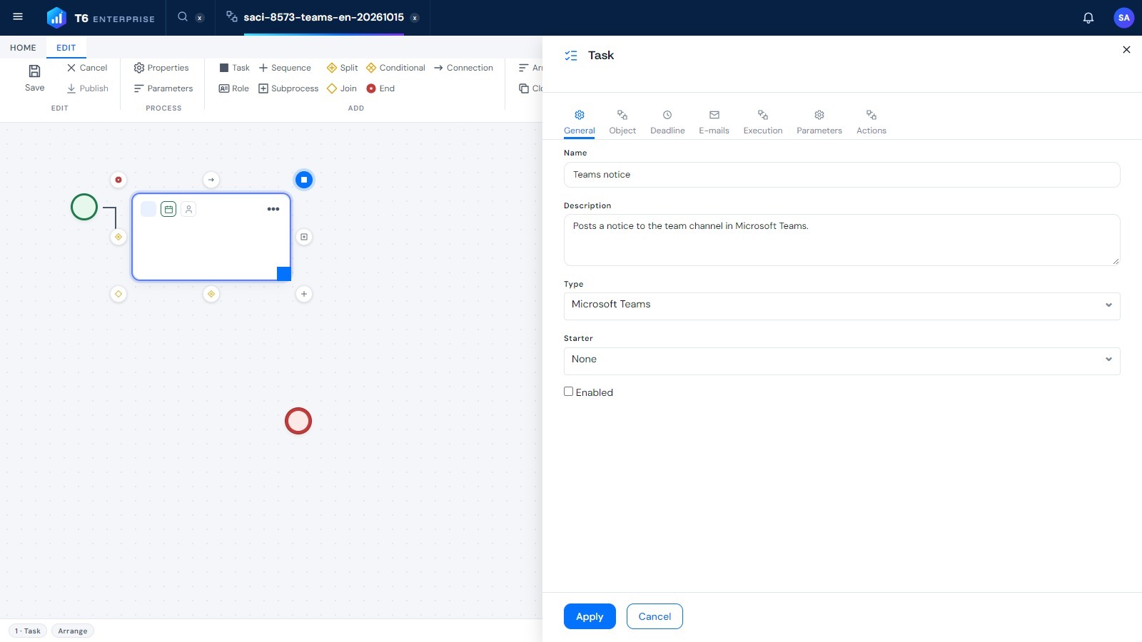 Task properties, General tab, with Type Microsoft Teams selected