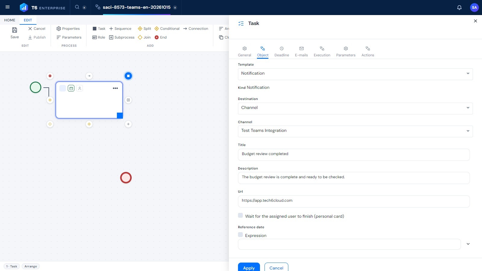 Task properties, Object tab, with the Notification template, Channel destination, a selected channel and title, description and Url filled in