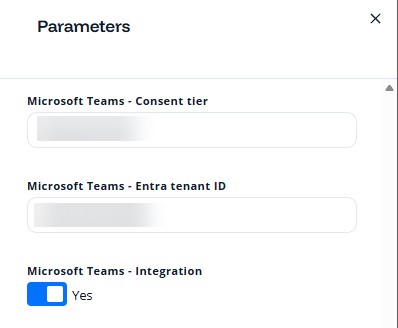 Parameters panel, Integration group, showing the TeamsConsentTier, TeamsEnabled and TeamsEntraTenantId parameters