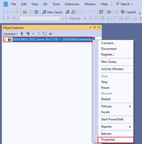 propriedades do servidor SQL Server