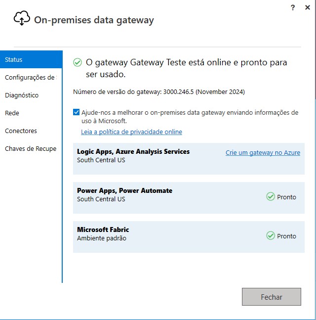 Page displaying the status of the configured Gateway.