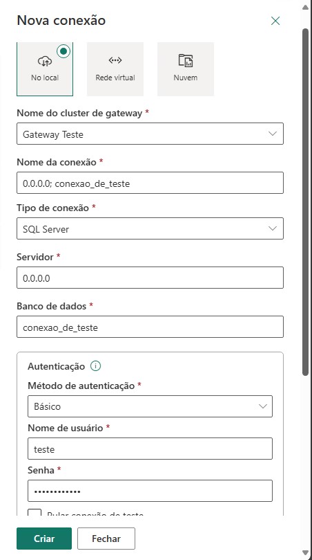 Example configuration of a new gateway connection.