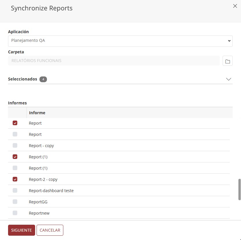 Panel de sincronización de informes