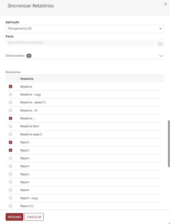 Painel de sincronização de relatórios