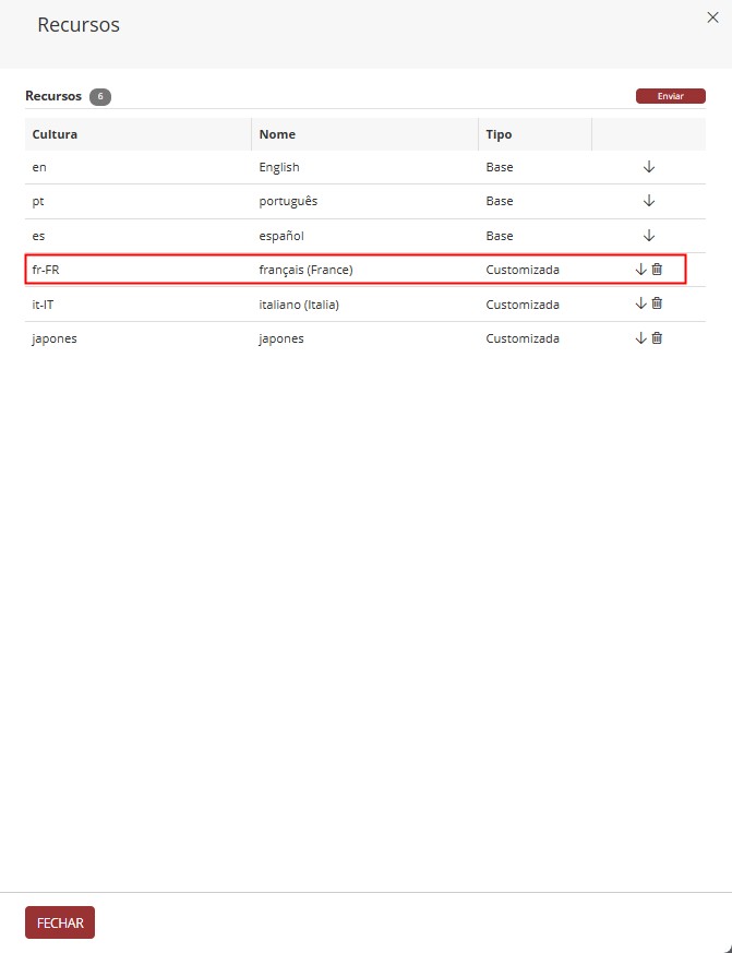 Lista de idiomas após adição de idioma customizado