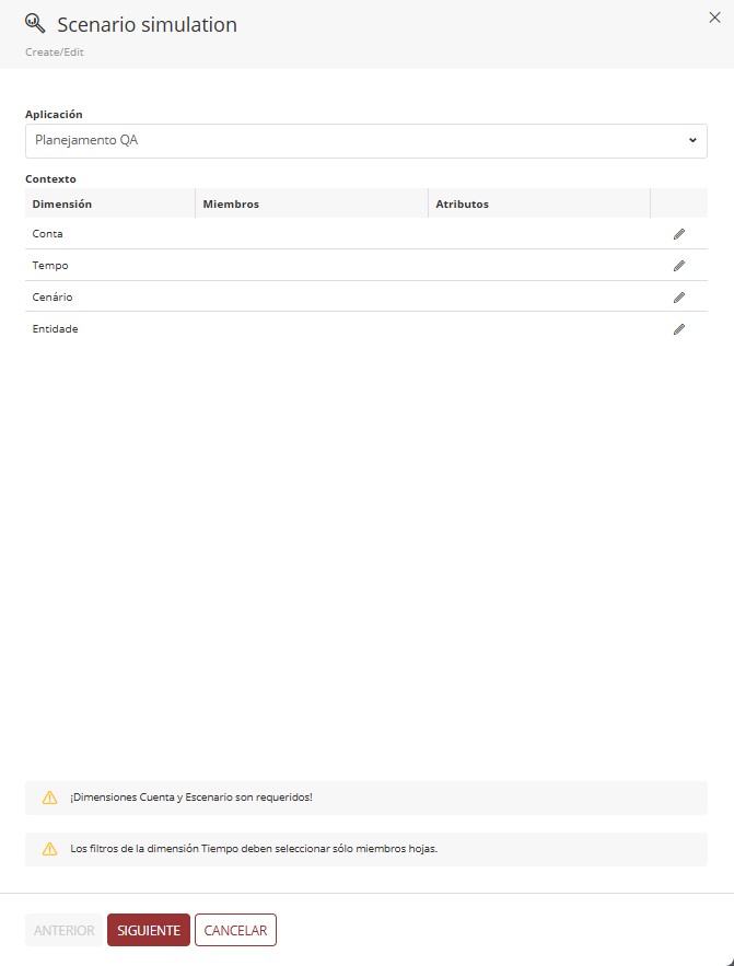 pantalla inicial, simulación de escenarios