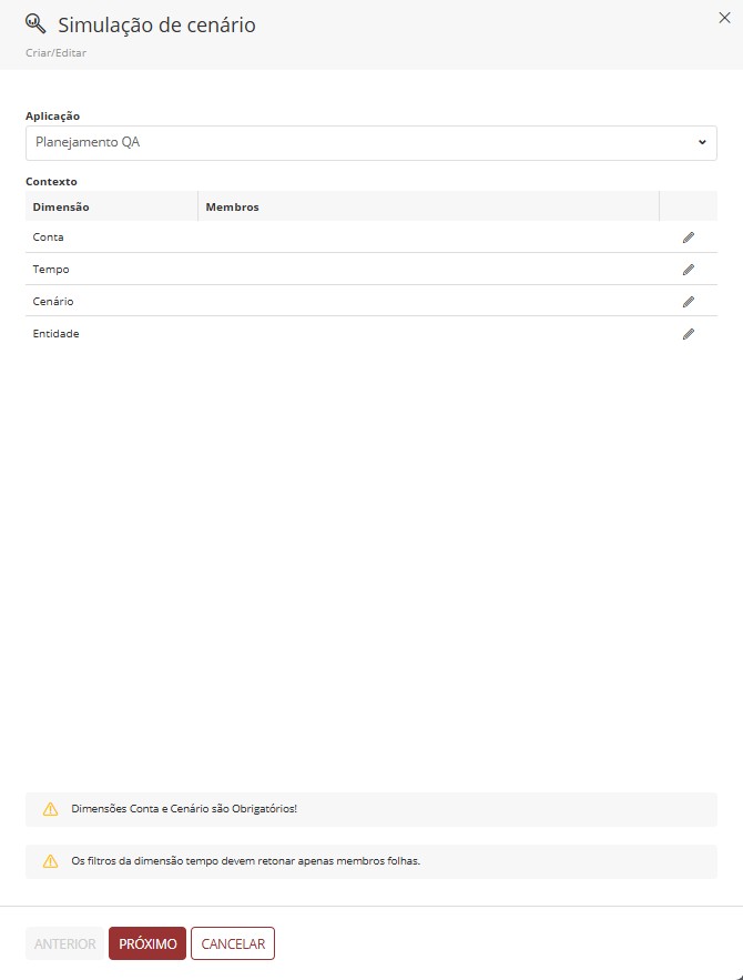 tela inicial, simulação de cenários