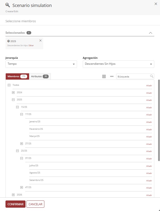 selección de miembros, simulación de escenarios
