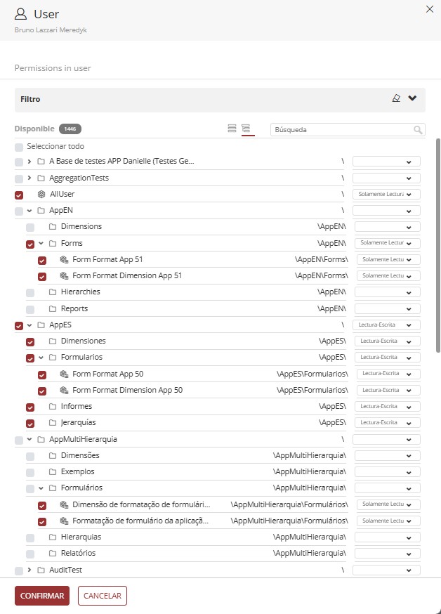 listado de objetos para configuración de permisos