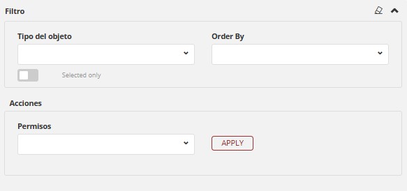 cuadro de filtros para configuración de permisos