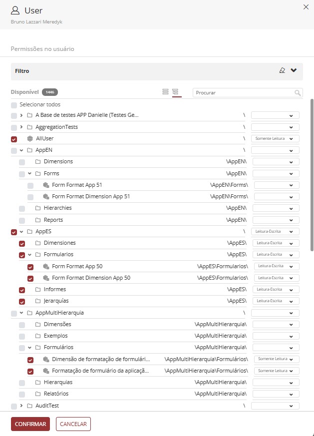 listagem de objetos para configuração de permissões