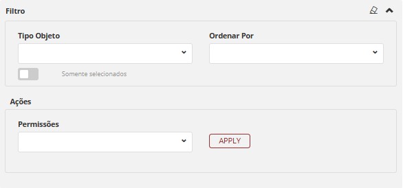 quadro de filtros para configuração de permissões