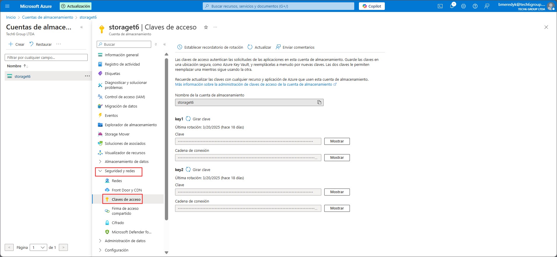 Página de claves de acceso de Azure