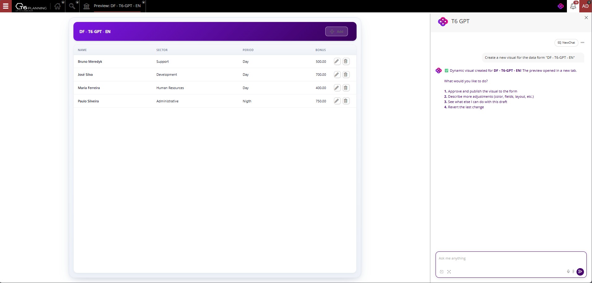 Draft Dynamic Data Form created with TAI