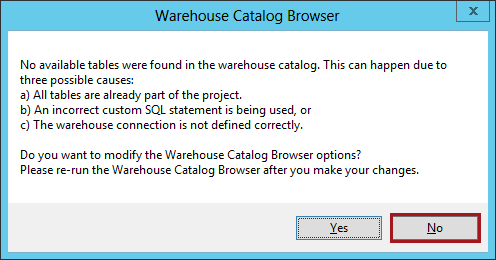 Figura 25: Mensagem Warehouse Catalog Browser