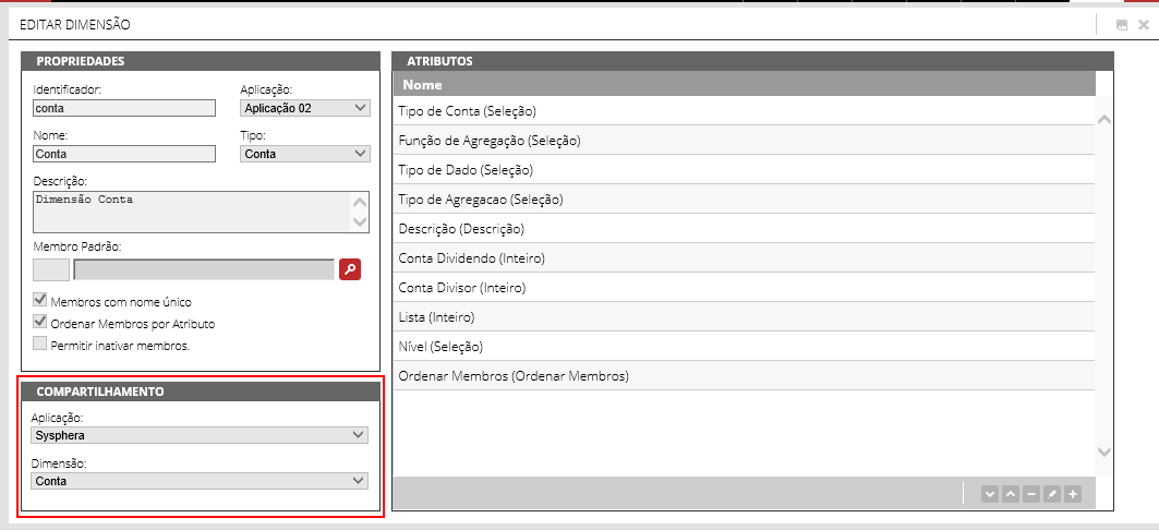 Figura 25 Configurando o compartilhamento de Dimensão